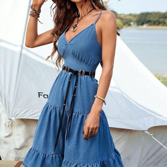 Blue Boho Women's College Wind Ruffle Hem Denim Dress - Picture 4 of 5